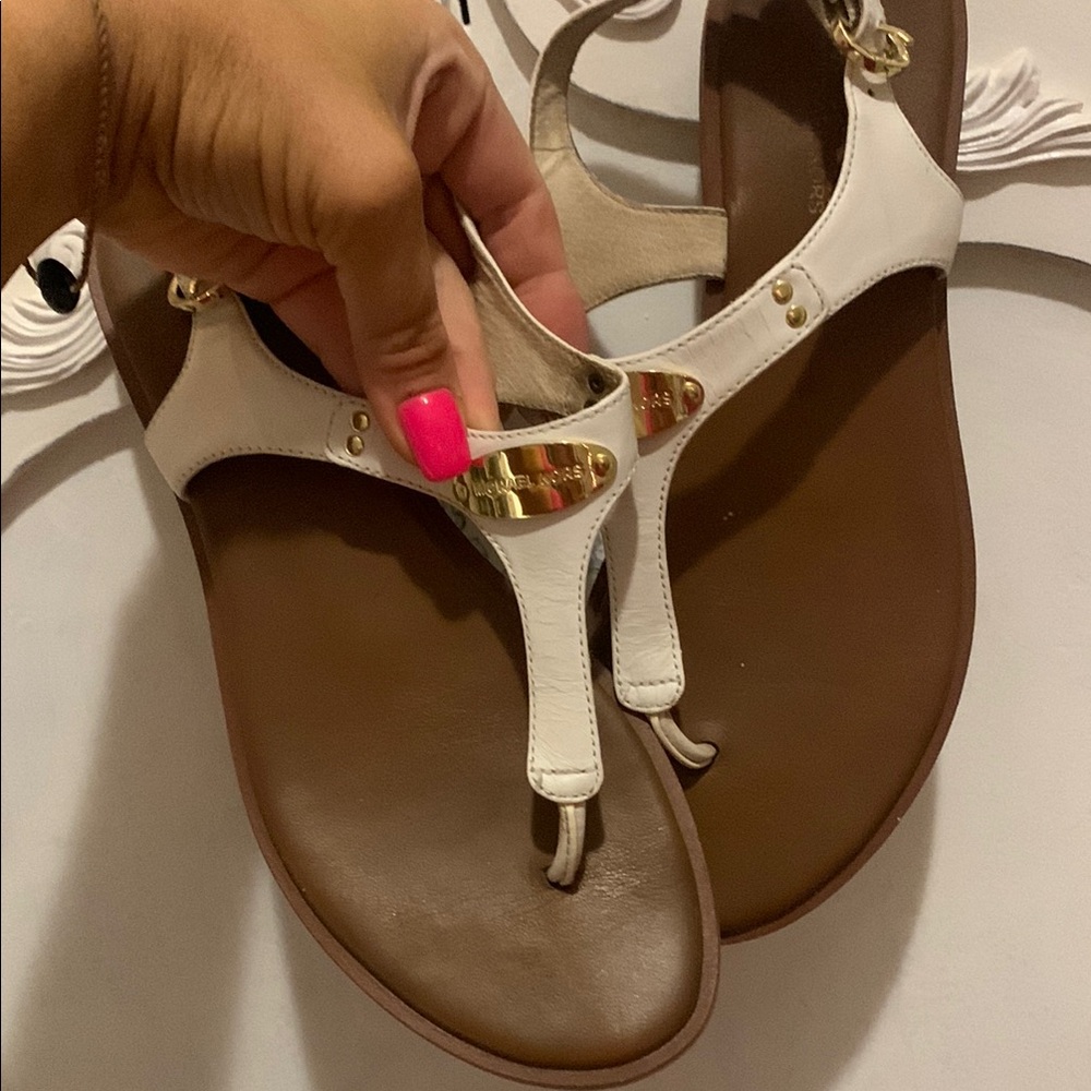 Michael Kors White and Brown Sandals with Gold Accents